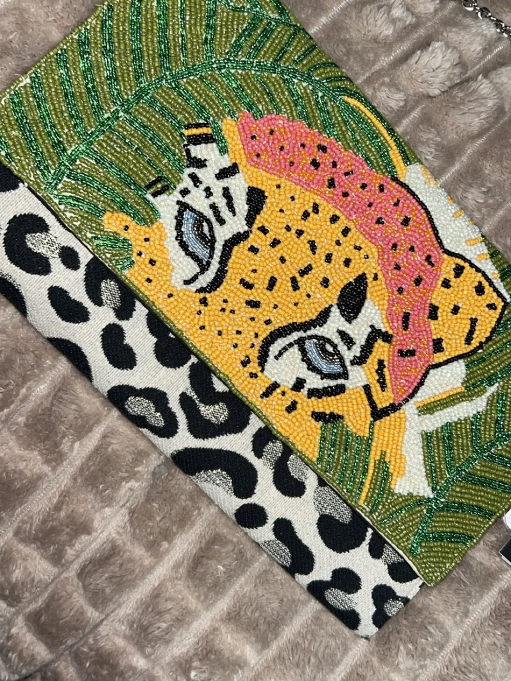 NWT America & Beyond Beaded Leopard Clutch with silver strap